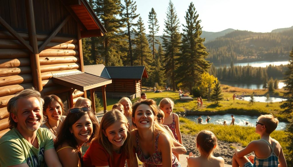 A colorful, lively scene of "fun camp names for leaders" in the rustic setting of "Camp New York". The foreground features a group of camp counselors excitedly brainstorming unique nicknames, their faces animated with creativity. The middle ground showcases the camp's cozy log cabins and towering pine trees, bathed in warm, golden sunlight. In the background, campers can be seen frolicking in a scenic lake, surrounded by rolling hills. The overall mood evokes the spirit of summertime adventure and camaraderie. Captured with a wide-angle lens to emphasize the breadth of the camp's picturesque landscape.