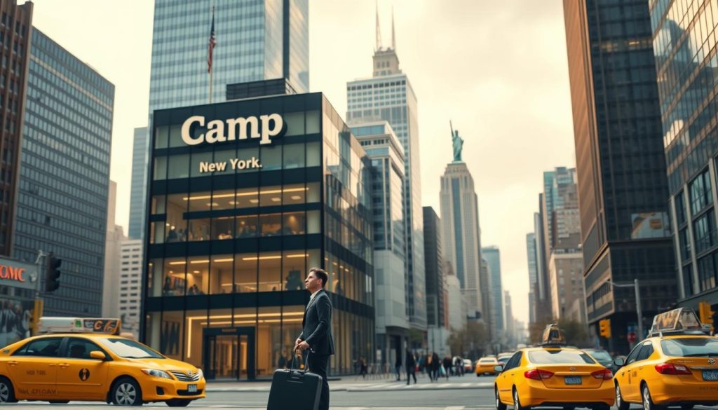 A detailed urban landscape, showcasing the "Camp New York" branded office building against a backdrop of modern skyscrapers. The foreground features a well-dressed professional standing in front of the building's entrance, suitcase in hand, conveying the concept of a J-1 visa holder arriving in the city to pursue the American dream. Soft, warm lighting illuminates the scene, creating a sense of opportunity and optimism. The middle ground depicts bustling city streets with yellow cabs and pedestrians, hinting at the vibrancy of New York. In the background, a panoramic view of the Manhattan skyline sets the stage for this journey, with the Statue of Liberty visible in the distance, symbolizing the promise of the United States. A detailed urban landscape, showcasing the "Camp New York" branded office building against a backdrop of modern skyscrapers. The foreground features a well-dressed professional standing in front of the building's entrance, suitcase in hand, conveying the concept of a J-1 visa holder arriving in the city to pursue the American dream. Soft, warm lighting illuminates the scene, creating a sense of opportunity and optimism. The middle ground depicts bustling city streets with yellow cabs and pedestrians, hinting at the vibrancy of New York. In the background, a panoramic view of the Manhattan skyline sets the stage for this journey, with the Statue of Liberty visible in the distance, symbolizing the promise of the United States.