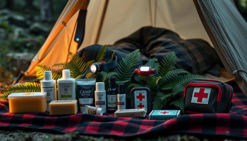 A neatly arranged collection of essential personal care and hygiene items for the discerning "Camp New York" camper. In the foreground, a variety of toiletries including soap, shampoo, toothpaste, and deodorant rest on a plaid blanket. In the middle ground, a cozy sleeping bag, a headlamp, and a compact first-aid kit nestle among lush ferns, evoking the tranquil wilderness. The background features a rugged canvas tent, its minimalist design complementing the natural surroundings of the "Camp New York" retreat. Soft, warm lighting casts a welcoming glow, creating an atmosphere of comfort and self-care amidst the great outdoors.