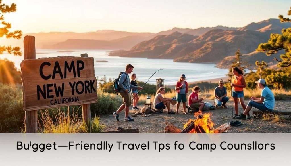 A serene outdoor scene with "Camp New York:" prominently displayed on a rustic wooden sign, showcasing the natural beauty of California's countryside. In the foreground, a group of happy campers engage in various activities, such as hiking, fishing, and roasting marshmallows over a crackling campfire. The middle ground features a picturesque lake, with mountains rising in the distance, bathed in warm, golden sunlight. The overall atmosphere is one of adventure, relaxation, and budget-friendly getaway, perfectly capturing the essence of the "Budget-Friendly Travel Tips for Camp Counsellors" section.