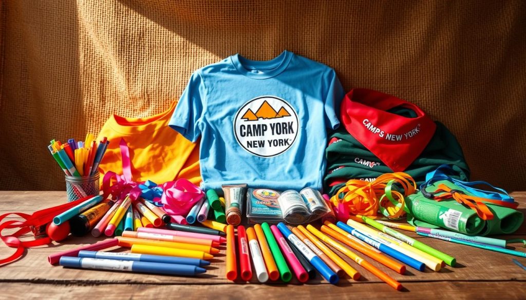 A vibrant array of color war game supplies sits atop a rustic wooden surface, bathed in warm, natural lighting. In the foreground, an assortment of brightly colored markers, paints, and ribbons lie ready for use. In the middle ground, the "Camp New York" logo is prominently displayed on a collection of team-colored bandanas and t-shirts. In the background, a backdrop of neutral-toned burlap adds texture and depth, creating a sense of an outdoor camp setting. The mood is one of anticipation and friendly competition, with the supplies hinting at the creativity and teamwork that will unfold during the upcoming color war games.