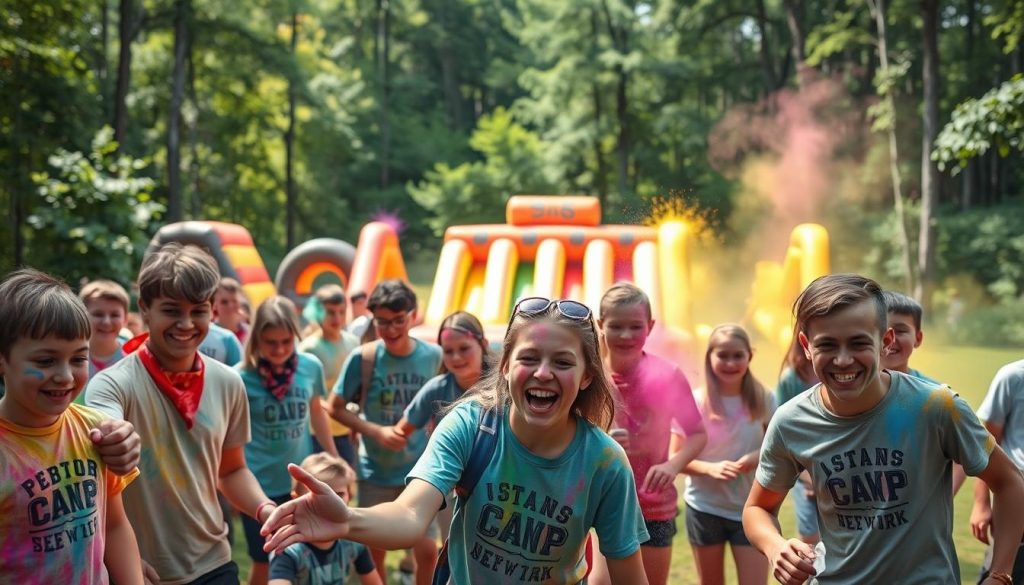 A vibrant outdoor scene at "Camp New York", showcasing a lively color war game. In the foreground, enthusiastic campers in colorful t-shirts and bandanas engage in a playful paint-throwing battle, their expressions filled with joy and friendly competition. In the middle ground, inflatable obstacles and colorful powder stations create a dynamic obstacle course. The background features a lush, verdant forest setting, with sunlight filtering through the trees, casting a warm, natural glow over the scene. The overall mood is one of unbridled excitement, energy, and a spirit of camaraderie, perfectly capturing the essence of an epic color war game.