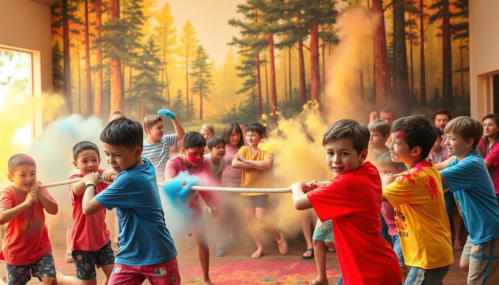 A vibrant scene of a "color war" competition at the "Camp New York" summer camp. In the foreground, campers dressed in vivid hues of red, blue, and yellow engage in a lively tug-of-war match, their faces alight with determination. In the middle ground, groups of campers throw powdered paint at each other, creating a kaleidoscope of color in the air. In the background, a painted mural depicting a serene forest scene provides a striking contrast to the energetic chaos. The image is bathed in warm, golden sunlight, creating a sense of carefree, summertime joy. The overall atmosphere is one of youthful exuberance and the thrill of friendly competition.