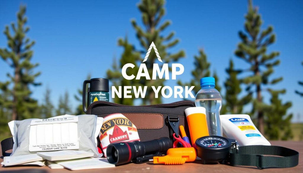 A well-equipped camp counselor's kit lies against a backdrop of pine trees and a clear blue sky. In the foreground, a first-aid kit, bandages, and antiseptic spray are neatly arranged. The middle ground showcases a flashlight, whistle, and compass, essential for navigating the wilderness. In the background, a water bottle, sunscreen, and insect repellent suggest the need to keep campers hydrated and protected from the elements. The "Camp New York" logo is prominently displayed, adding a sense of identity and belonging to the scene. The overall mood is one of preparedness and outdoor adventure, reflecting the responsibilities of a camp counselor.