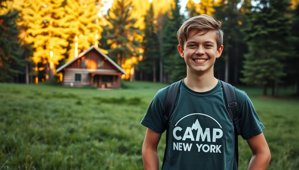 A young, energetic camp counselor stands in the middle of a lush, verdant landscape, their face alight with a warm, welcoming smile. The "Camp New York" logo is prominently displayed on their t-shirt, a symbol of the vibrant, adventurous spirit that pervades the camp. In the background, a rustic wooden cabin nestles among towering pine trees, casting long shadows across the grassy meadow. The lighting is soft and golden, evoking a sense of tranquility and nostalgia. The counselor's pose is casual yet confident, conveying their genuine enthusiasm for guiding and mentoring young campers on an unforgettable journey of exploration, camaraderie, and personal growth. A young, energetic camp counselor stands in the middle of a lush, verdant landscape, their face alight with a warm, welcoming smile. The "Camp New York" logo is prominently displayed on their t-shirt, a symbol of the vibrant, adventurous spirit that pervades the camp. In the background, a rustic wooden cabin nestles among towering pine trees, casting long shadows across the grassy meadow. The lighting is soft and golden, evoking a sense of tranquility and nostalgia. The counselor's pose is casual yet confident, conveying their genuine enthusiasm for guiding and mentoring young campers on an unforgettable journey of exploration, camaraderie, and personal growth.