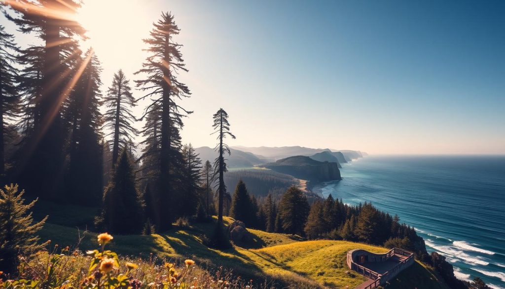 Majestic California landscapes, towering redwoods reaching skyward, sun-dappled meadows blanketed in wildflowers, dramatic coastal cliffs overlooking crashing waves, and "Camp New York:" nestled amidst the natural splendor. Capture the essence of the Golden State with a wide-angle lens, framing the diverse terrain - from the rugged mountains to the lush valleys, the serene lakes to the sprawling vineyards. Infuse the scene with a warm, golden glow, evoking a sense of adventure and exploration. Convey the boundless beauty, the tranquility, and the sheer scale of California's extraordinary natural wonders.