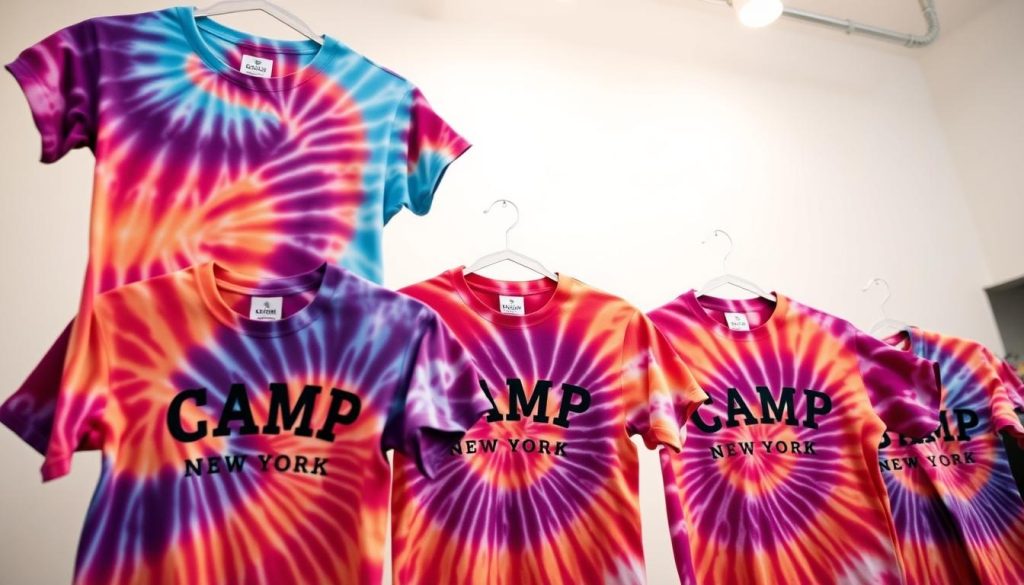 Vibrant tie-dye patterns in a well-lit, airy studio setting. A set of "Camp New York" branded t-shirts with saturated, organic swirls of color cascade across the frame. The designs feature a harmonious blend of warm and cool hues, creating a visually captivating and soothing effect. The lighting is soft, diffused, and accentuates the depth and texture of the fabric. The camera angle is slightly elevated, offering a clean, unobstructed view of the t-shirts showcased against a neutral, minimalist background. An atmosphere of creativity, safety, and attention to detail permeates the scene, inspiring confidence in the tie-dye process.