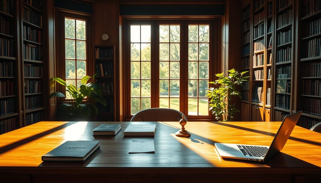 A crisp, sun-dappled scene of the "Foreign Office Guidance" desk, its polished oak surface reflecting the warm light pouring in through tall windows. On the desk, a tidy arrangement of official-looking documents, a brass paperweight, and a sleek "camp new york" laptop. Behind it, the walls are lined with towering bookshelves, their volumes casting deep shadows. Through the windows, a glimpse of a lush, verdant garden, hinting at the tranquility beyond. The overall atmosphere is one of quiet authority and professionalism, inviting the viewer to engage with the important guidance contained within.