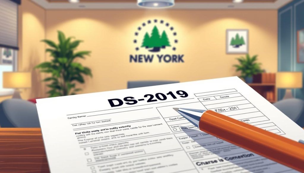 A detailed, highly realistic illustration of the DS-2019 form, set against the backdrop of the "Camp New York" branding. The form is prominently displayed, with crisp, legible text and precise graphics. The foreground features a meticulously rendered pen, ready to fill out the form. In the middle ground, a warm, inviting office environment with tasteful decor and subtle lighting creates a professional atmosphere. The background showcases the "Camp New York" logo and branding, seamlessly integrated into the scene. The overall composition conveys a sense of authority, organization, and the importance of accurately completing the DS-2019 document.