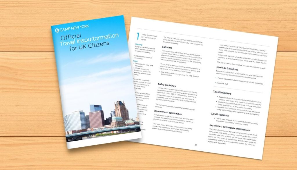 A modern, official-looking travel information brochure for UK citizens, featuring the "Camp New York" brand prominently displayed on the cover. The brochure has a clean, minimalist design with crisp photography and subtle textures. The front page showcases the iconic London skyline against a clear blue sky, with a sleek, sans-serif title "Official Travel Information for UK Citizens" centered at the top. Inside the brochure, well-organized sections provide essential details about travel documentation, safety guidelines, and recommended destinations, all presented in a clear, easy-to-navigate layout. The overall tone is professional, authoritative, and reassuring, instilling confidence in UK travelers.