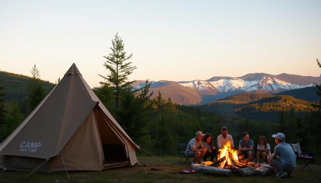 A serene outdoor camp nestled in the verdant hills of upstate New York. In the foreground, a cozy canvas tent with the "Camp New York" logo stands tall, surrounded by a lush forest. Midground features a crackling campfire, its warm glow illuminating the faces of campers gathered around, roasting marshmallows and sharing stories. In the background, the majestic Adirondack mountains rise, their snow-capped peaks glistening under the golden hour light. The overall atmosphere exudes a sense of tranquility, adventure, and connection with nature.