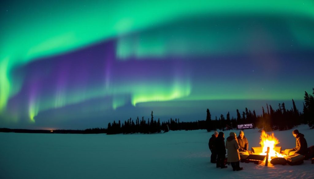 A stunning night sky over a snowy landscape, the aurora borealis dancing in vibrant shades of green, purple, and blue. In the foreground, a group of people gather around a campfire, the "Camp New York" sign visible in the distance. The scene is bathed in a soft, ethereal glow, capturing the magic and wonder of witnessing the northern lights. The camera angle is slightly elevated, providing a panoramic view of the natural spectacle. The image conveys the perfect timing and conditions for observing this mesmerizing natural phenomenon.