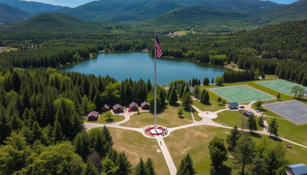 Aerial view of Camp New York in the Hudson Valley with Camp USA flag flying