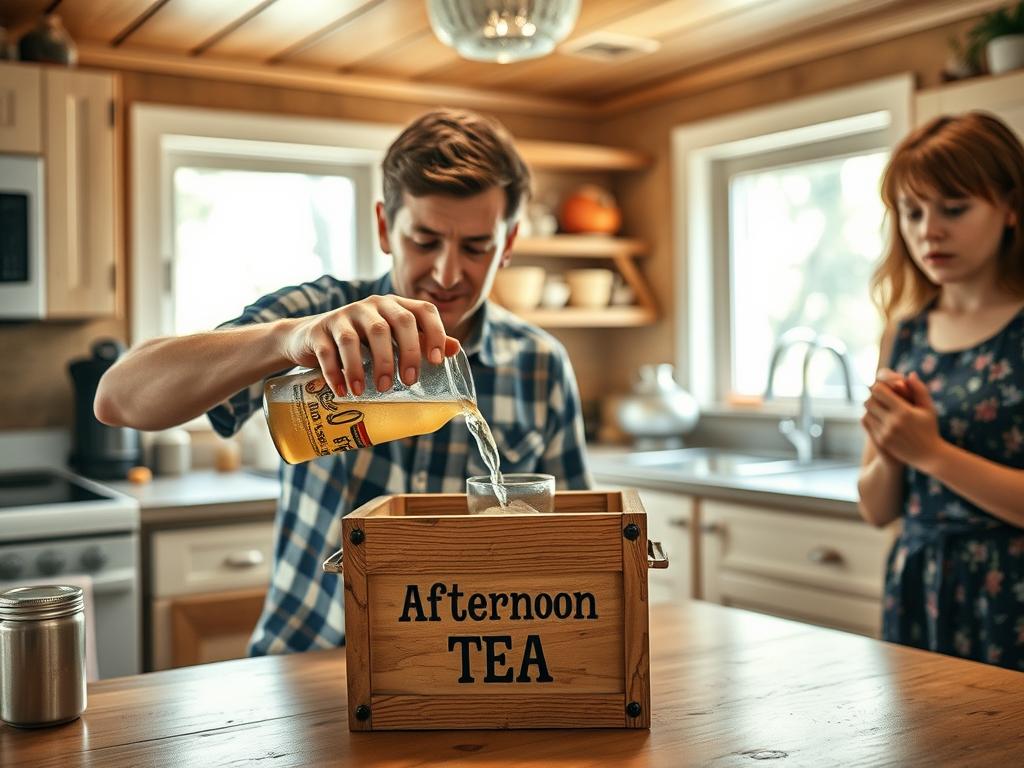 American counselor pouring iced tea into an empty British tea caddy