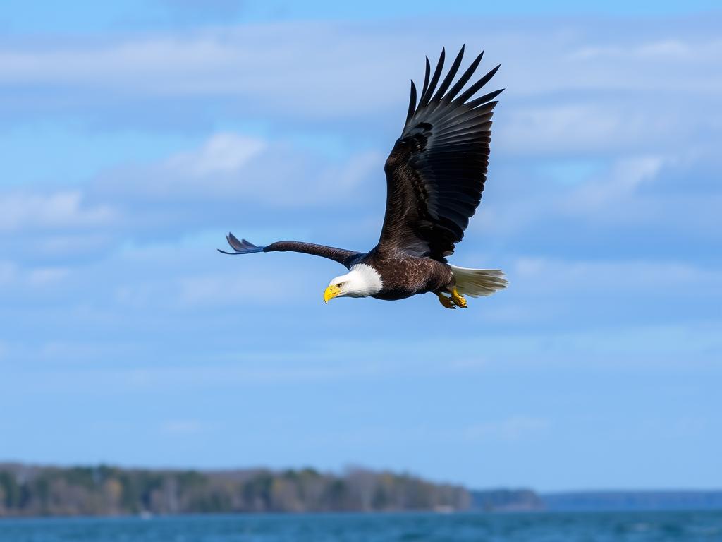 Bald eagle soaring over a New York lake