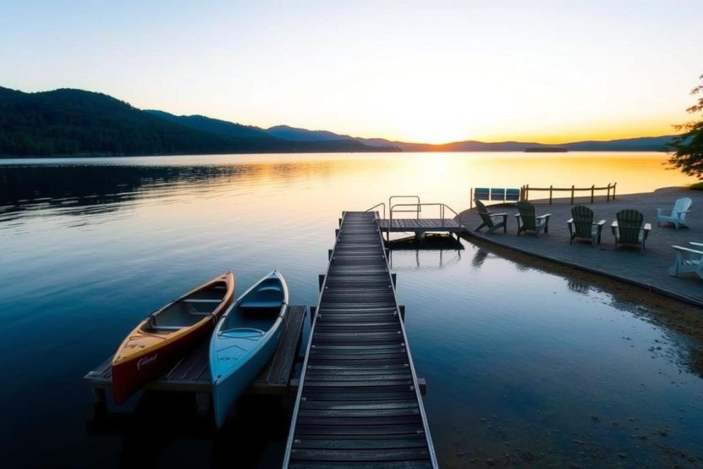 Beautiful lakefront view of Camp New York's waterfront activities area