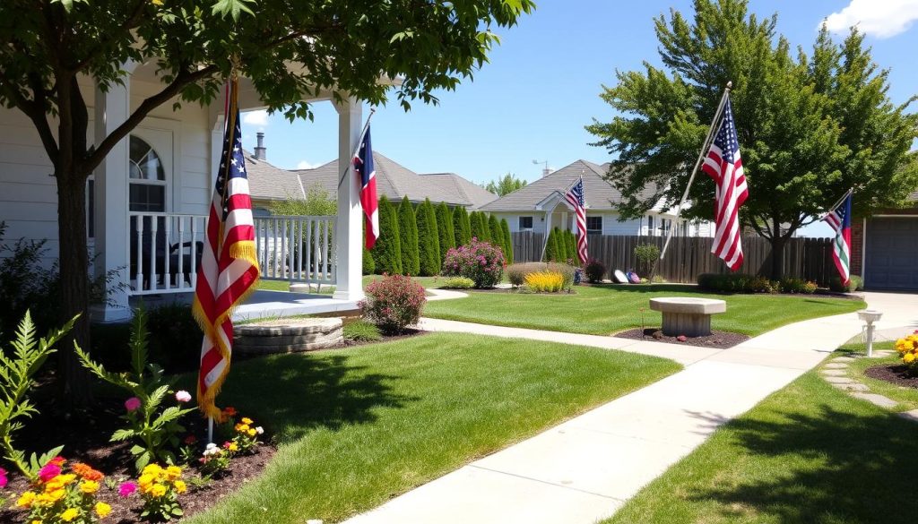 Beautiful outdoor space enhanced with various flags for outdoors