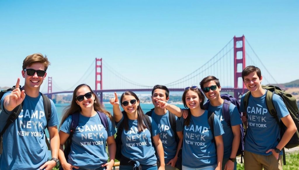 Camp New York alumni exploring California landmarks with camp backpacks