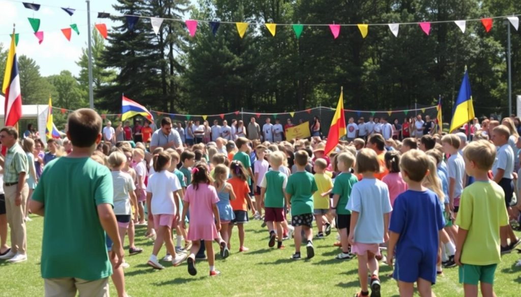 Camp Olympics opening ceremony with teams of campers participating in special other camp activities