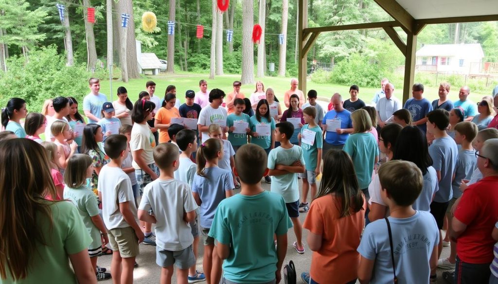Camp USA New York campers celebrating at end-of-summer ceremony