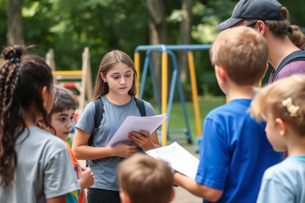 Camp counselor in training assisting a senior counselor with organizing campers
