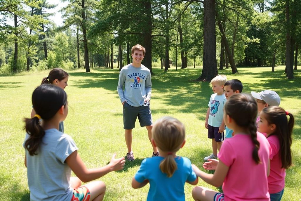 Camp counselor in training leading a group activity with younger campers