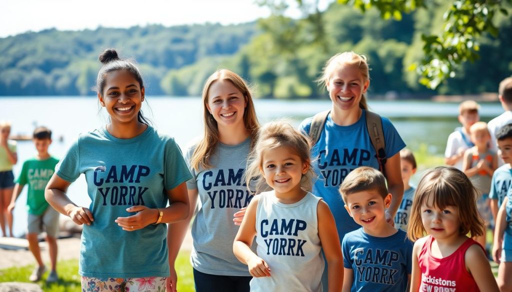 Camp counselors enjoying summer camp jobs at Camp New York with children playing outdoor activities