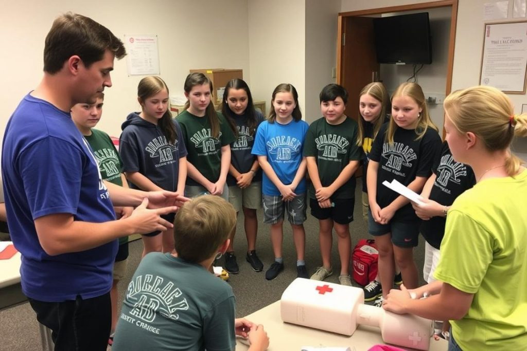 Camp counselors in training participating in a first aid training session