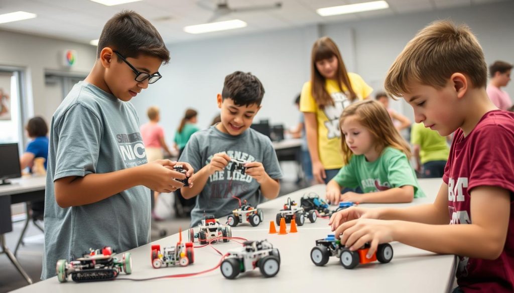 Campers building and programming robots as part of science and technology other camp activities