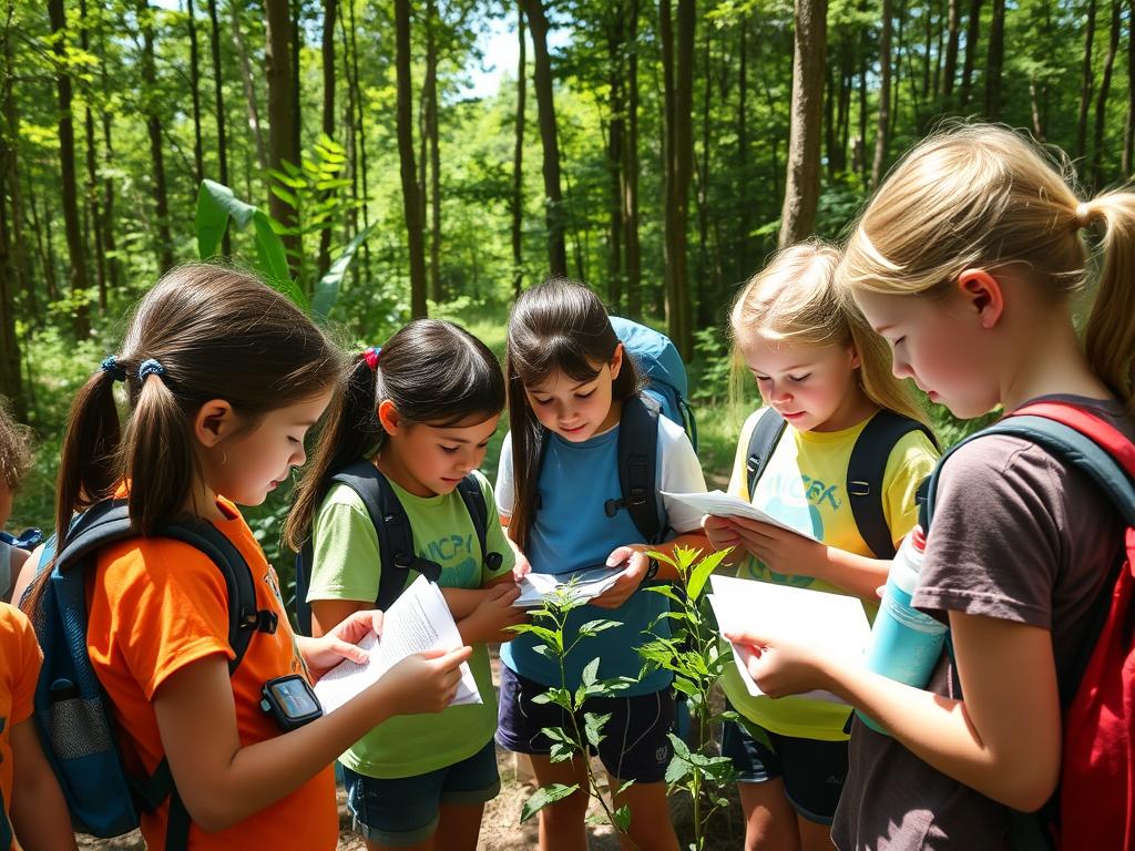 Campers using GPS devices for an advanced nature scavenger hunt, one of our educational other camp activities
