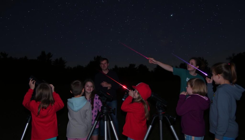 Campers using telescopes during a night astronomy activity, one of our educational other camp activities