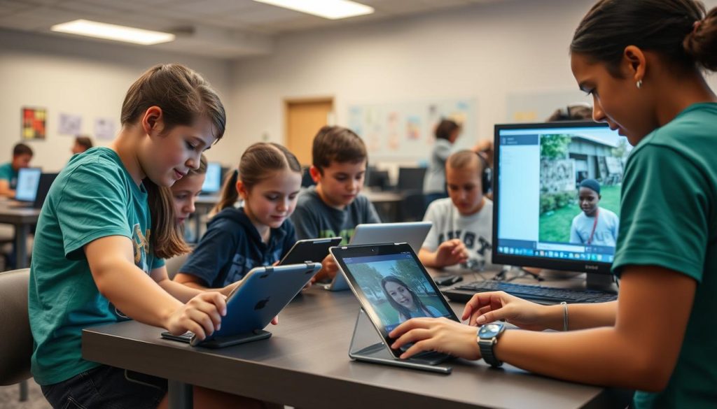 Campers working on digital storytelling projects, creating media as part of other camp activities