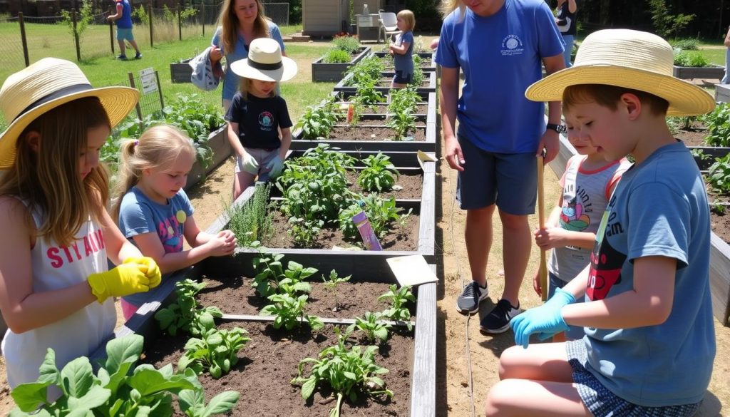 Campers working together on a garden project, learning about sustainability through other camp activities
