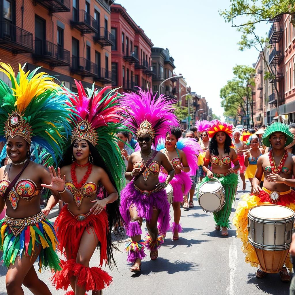 Caribbean Parade in Crown Heights, Brooklyn with colorful costumes Caribbean Parade in Crown Heights, Brooklyn with colorful costumes