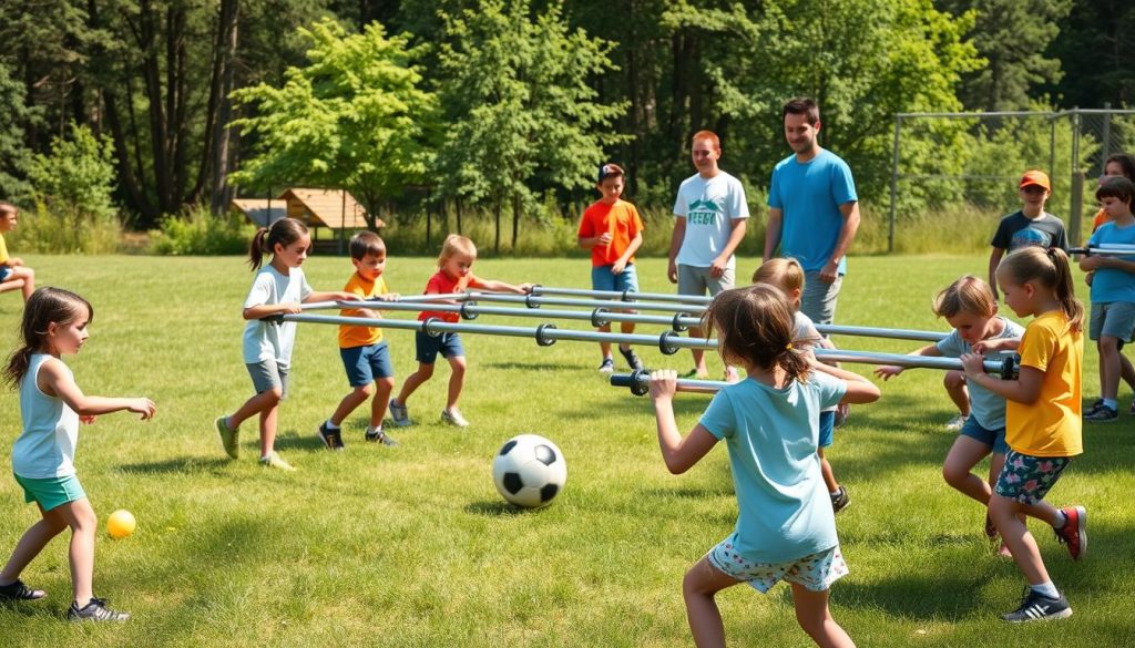 Children participating in a human foosball game at Camp New York, one of our popular other camp activities
