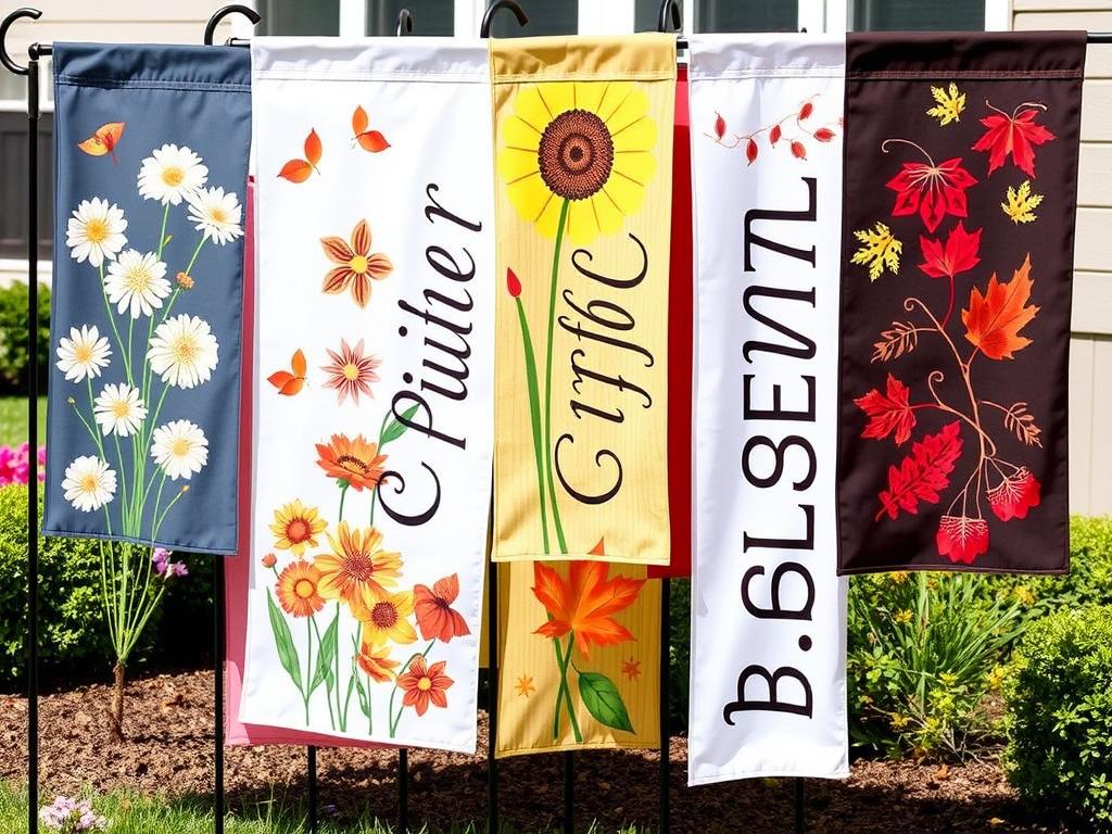 Collection of garden flags for outdoors showing seasonal designs Collection of garden flags for outdoors showing seasonal designs