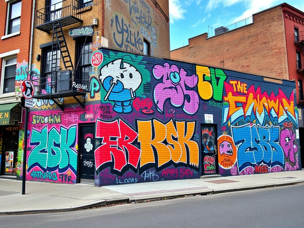 Colorful street art mural in Bushwick, Brooklyn showing vibrant urban culture Colorful street art mural in Bushwick, Brooklyn showing vibrant urban culture