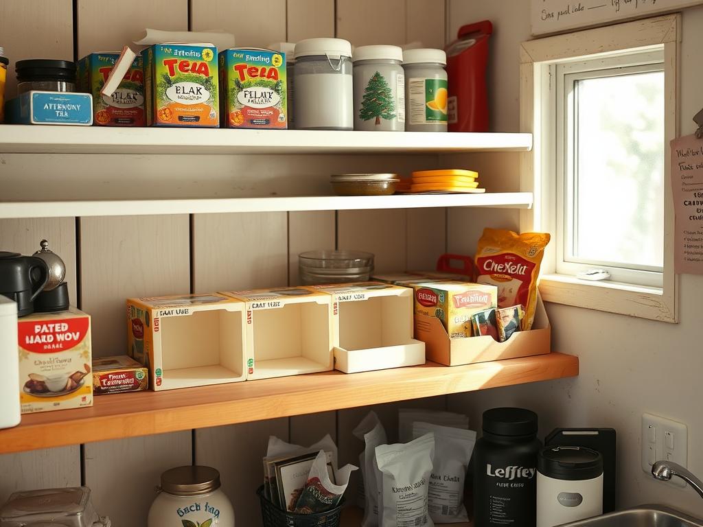Disorganized camp kitchen with misplaced tea supplies