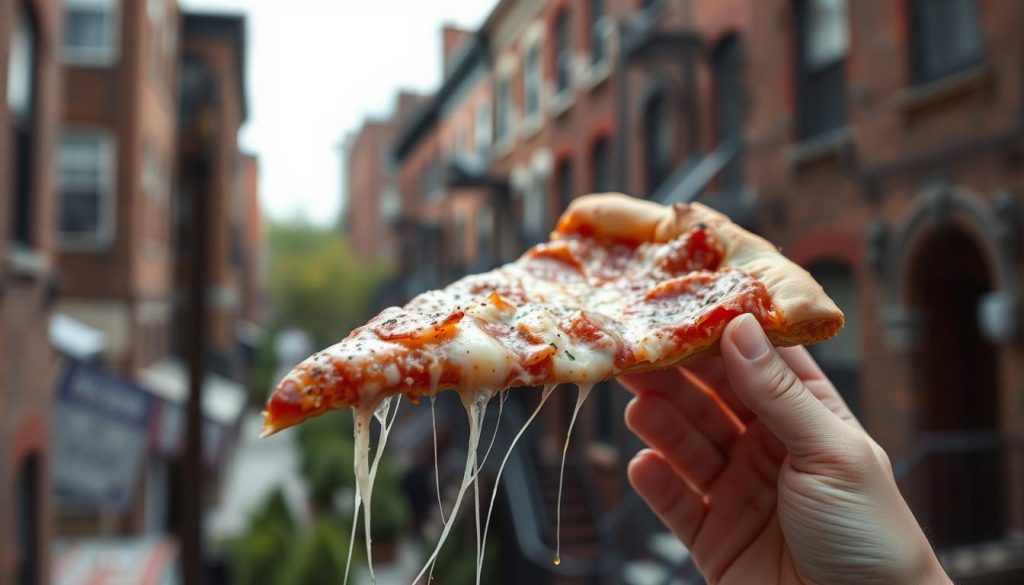 Famous Brooklyn pizza slice being held up with New York skyline in background Famous Brooklyn pizza slice being held up with New York skyline in background