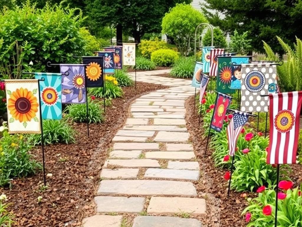Garden pathway lined with decorative flags for outdoors Garden pathway lined with decorative flags for outdoors