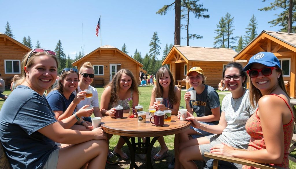 Group of British counselors enjoying afternoon tea at summer camp