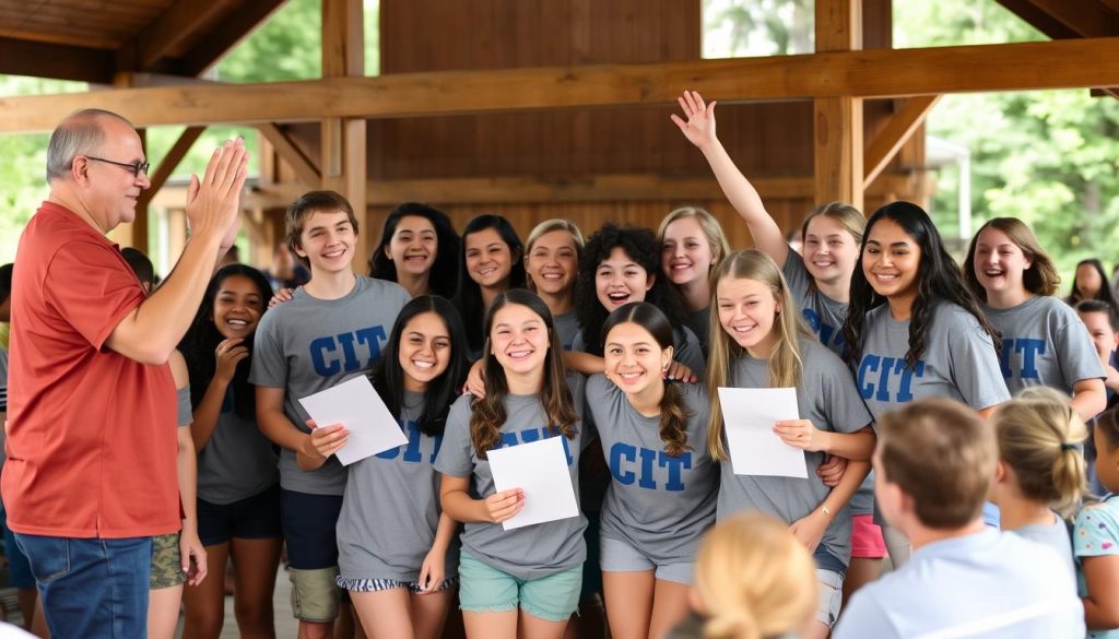Group of successful camp counselors in training celebrating at the end of summer