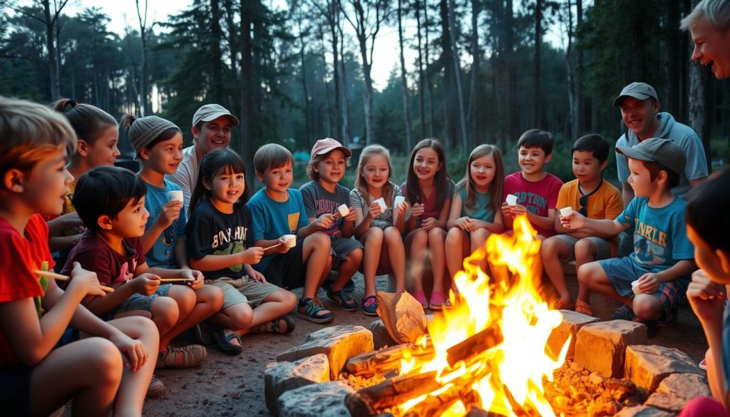 Happy campers and counselors gathered around a campfire, enjoying community time after a day of other camp activities