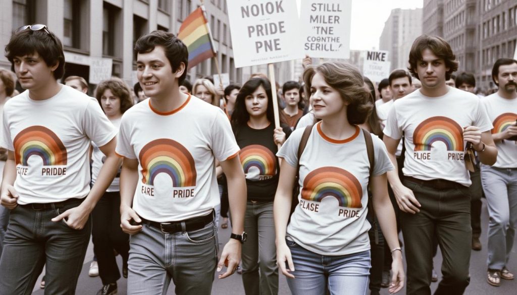 Historical pride march from the 1970s showing early pride t-shirts and banners