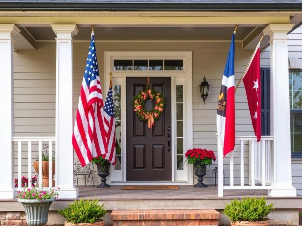 House porch decorated with seasonal flags for outdoors