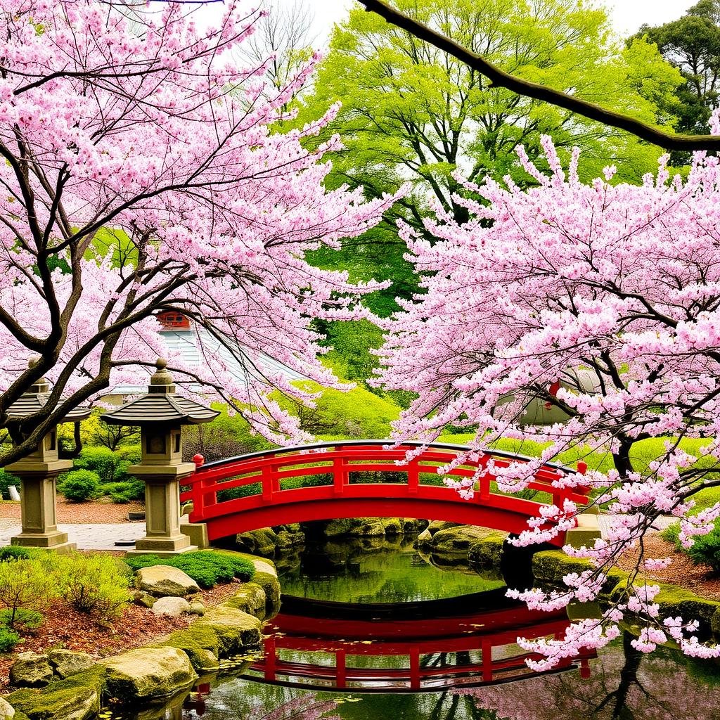 Japanese Garden in Brooklyn Botanic Garden with cherry blossoms Japanese Garden in Brooklyn Botanic Garden with cherry blossoms