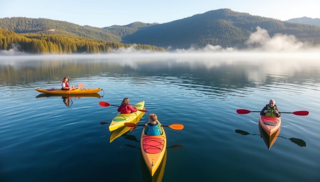 Kayaking on a serene lake in North East America