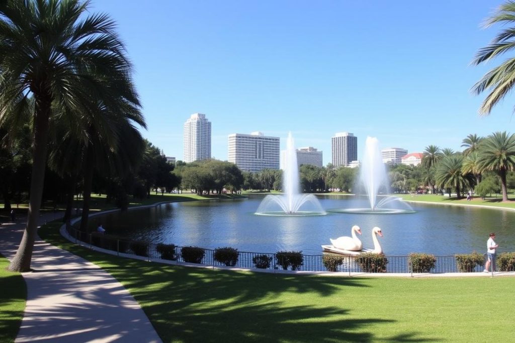 Lake Eola Park in downtown Orlando with swan boats and fountain Lake Eola Park in downtown Orlando with swan boats and fountain