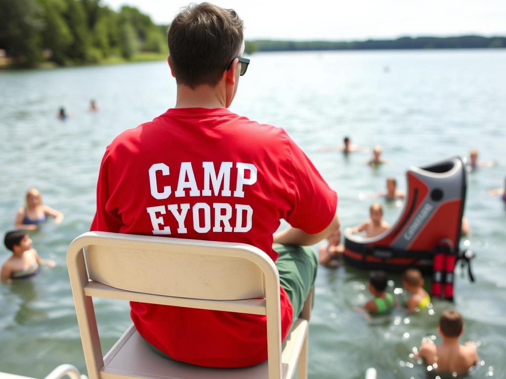 Lifeguard in 20s supervising swimming activities during summer camp jobs