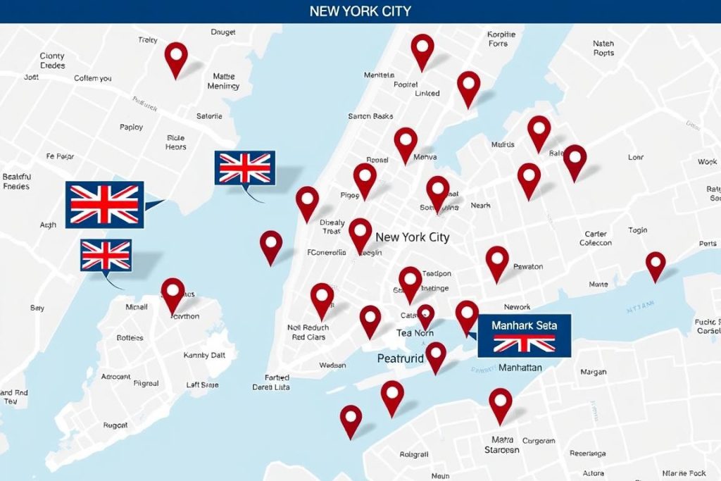 Map showing British tea shops in New York City